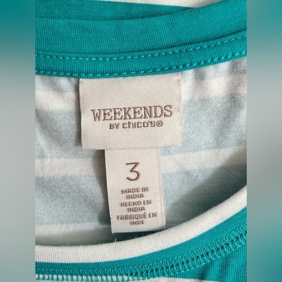 Chicos Women’s Size XL (3) Short Sleeve Round Neck Blue White Striped Tee - Picture 6 of 6